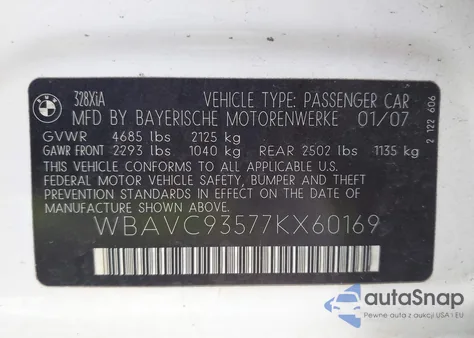 2007 BMW 328Xi from USA, damaged, VIN WBAVC93577KX60169